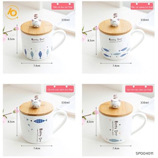 Cốc gốm sứ pha trà, ly sứ cà phê có nắp kèm thìa loại 330ml - SP004011
