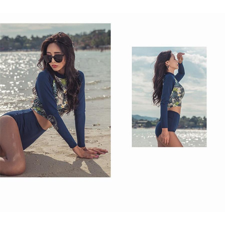 (Xem bảng size) Bikini hoa biển màu xanh dương nhiệt đới, cut out lưng sexy quần cạp cao ôm fom tôn dáng