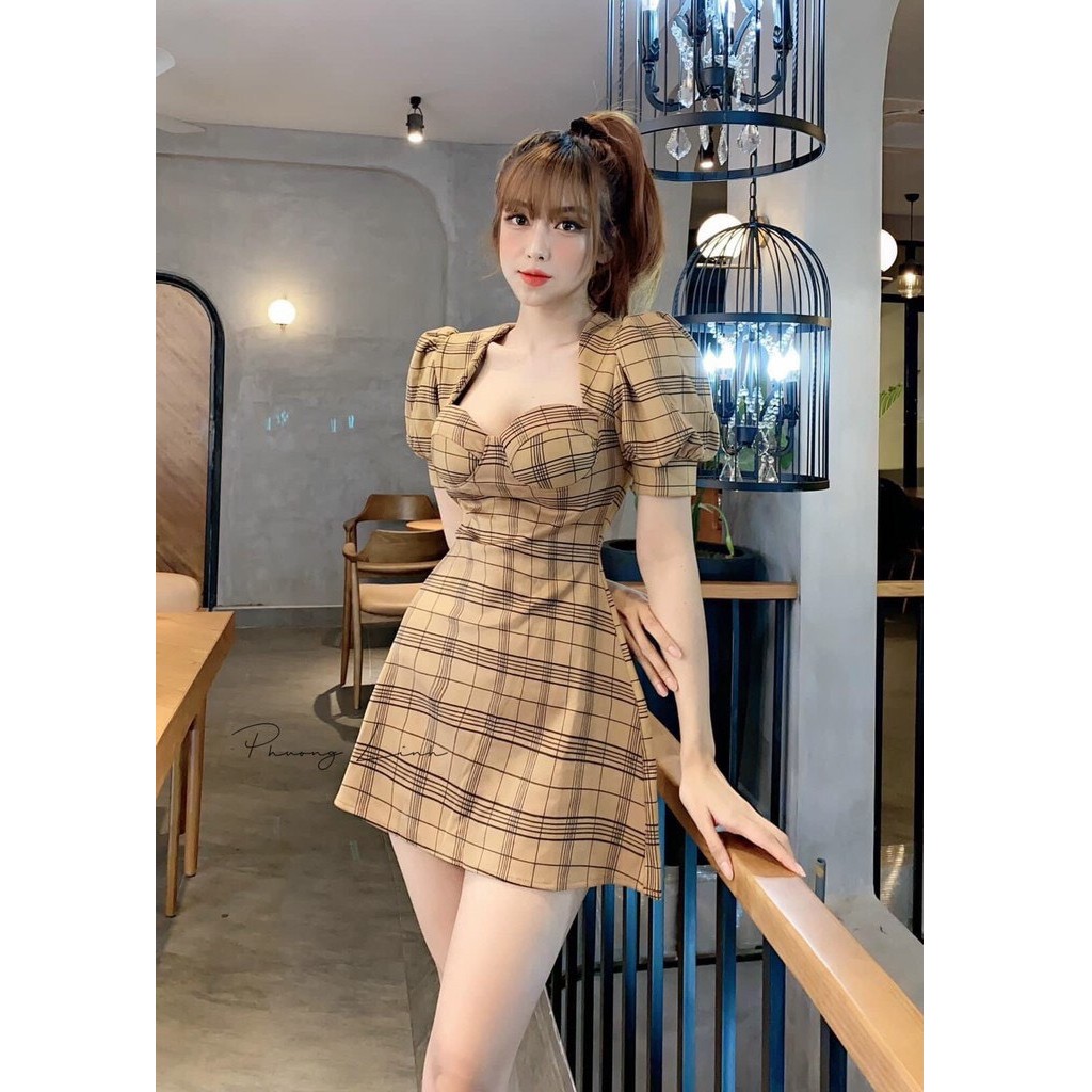 Đầm nữ cổ vuông tay ngắn, váy nữ dáng xòe họa tiết caro phối tay bồng kiểu xinh xắn thời trang nữ KEMPK
