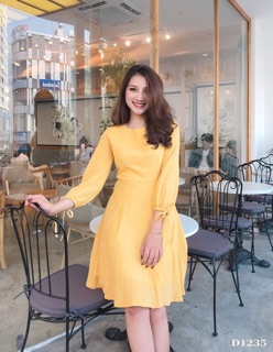 Đầm vàng xoè basic 2 lớp dày dặn (kèm ảnh thật)