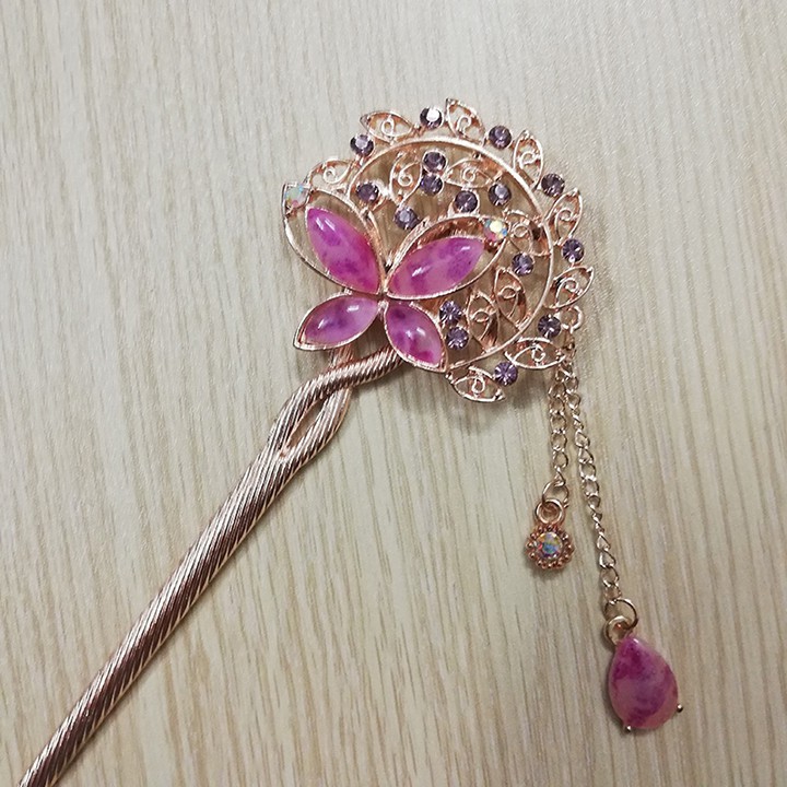 Trâm cài tóc đính đá họa tiết bươm bướm tua rua vintage