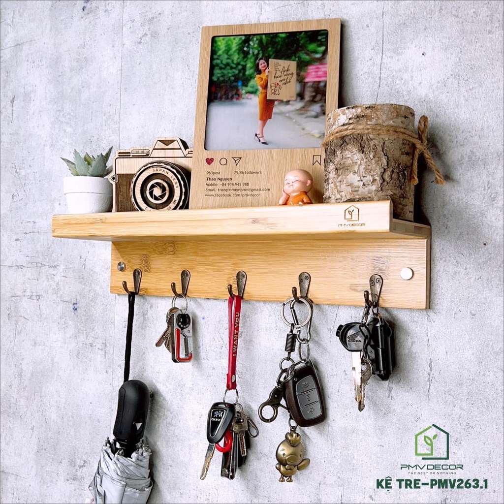 KỆ TRE TREO TƯỜNG, TRANG TRÍ, móc treo đồng retro, phù hợp mọi không gian decor. KTT-PMV263.1