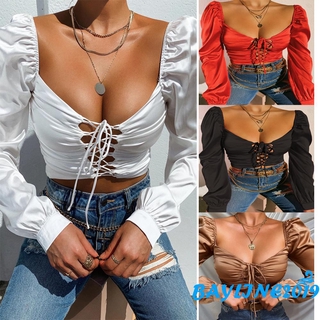 Áo Croptop Cổ Chữ V Dây Cột Tay Dài Quyến Rũ Cho Nữ