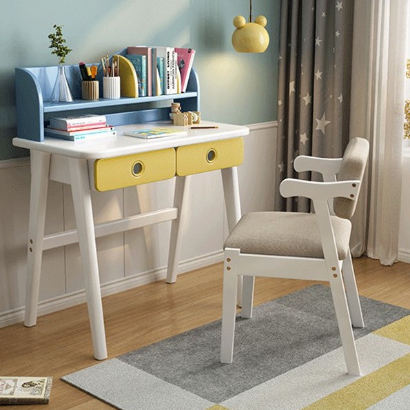 Bàn Học Kèm Ghế Đệm Cho Trẻ Có 2 Ngăn Kéo, Bàn Ghế Học Sinh Kèm Kệ Sách 2 Tầng Đa Năng
