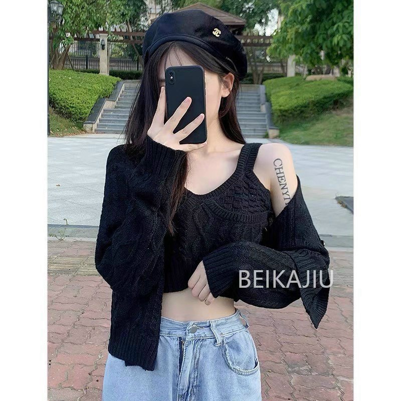 Set áo cardigan len gân thừng áo 2 dây hot hàng QC