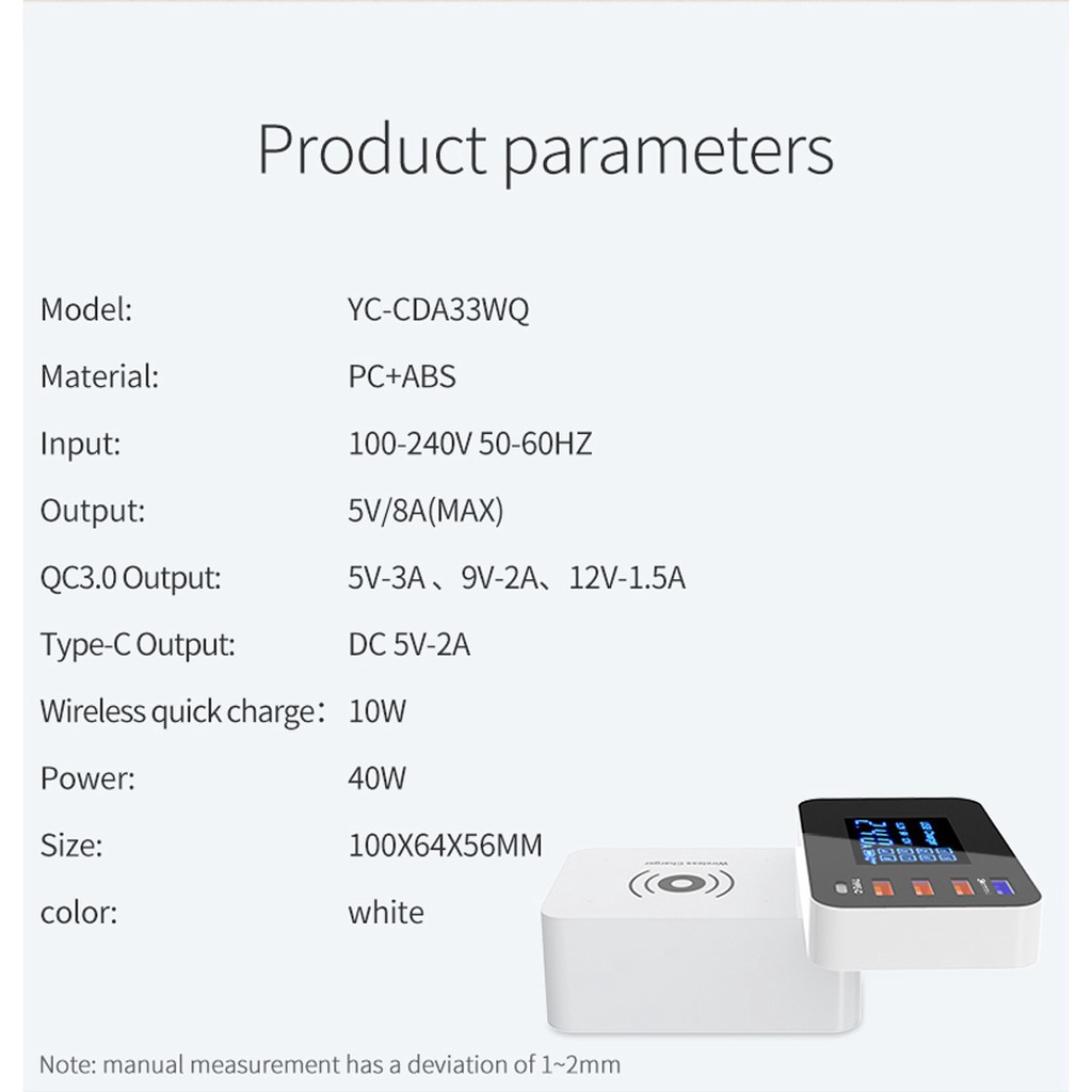 Smart LCD Wireless Charger QC 3.0 Quick Charger Type C+3 USB Charger Charging Đế Sạc Nhanh Không Dây Cổng
