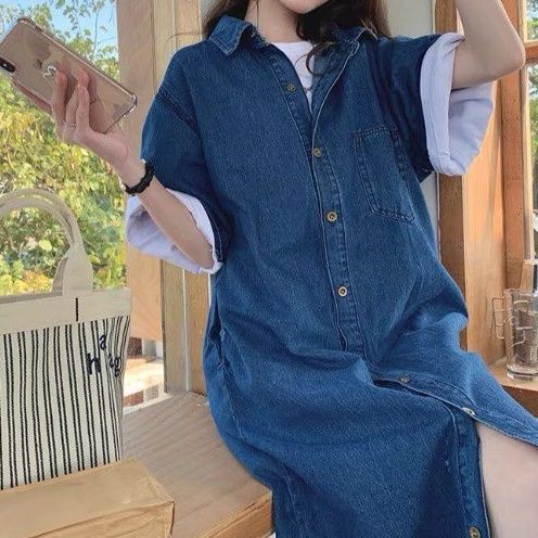 Váy sơ mi Jeans dáng dài, váy jean dài tay dáng rộng, mẫu mới A17