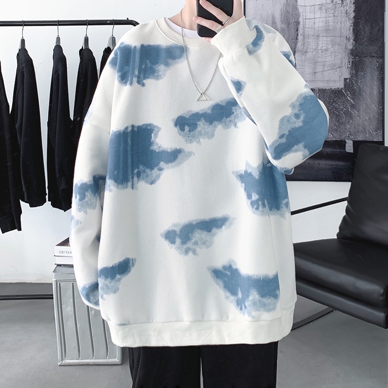 Áo Sweater Tay Dài Cổ Tròn In Họa Tiết Đám Mây Phong Cách Hồng Kông Thời Trang Thu Đông Mới Cho Nam