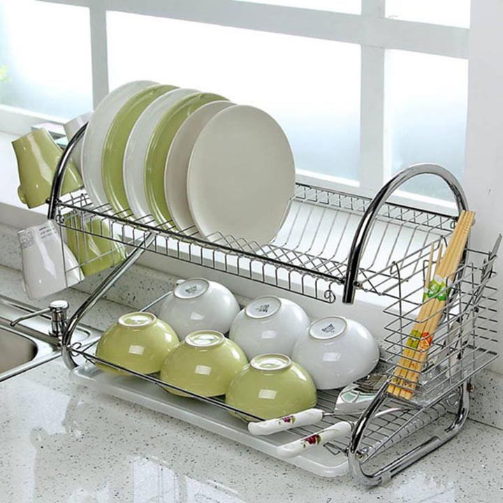 Giá úp bát đĩa 2 tầng inox có khay hứng nước