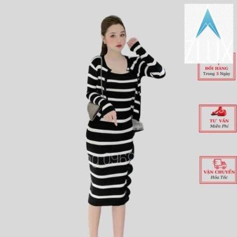 Váy đầm body len 2 dây nữ dáng dài maxi kẻ ngang đen trắng kèm áo cardigan ulzzang Hàn Quốc .