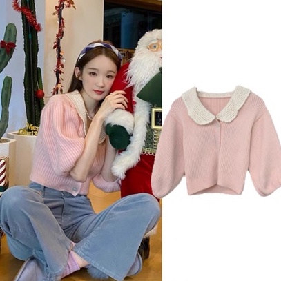 Áo len cardigan tay phồng cổ sen ren, hồng baby sang trọng