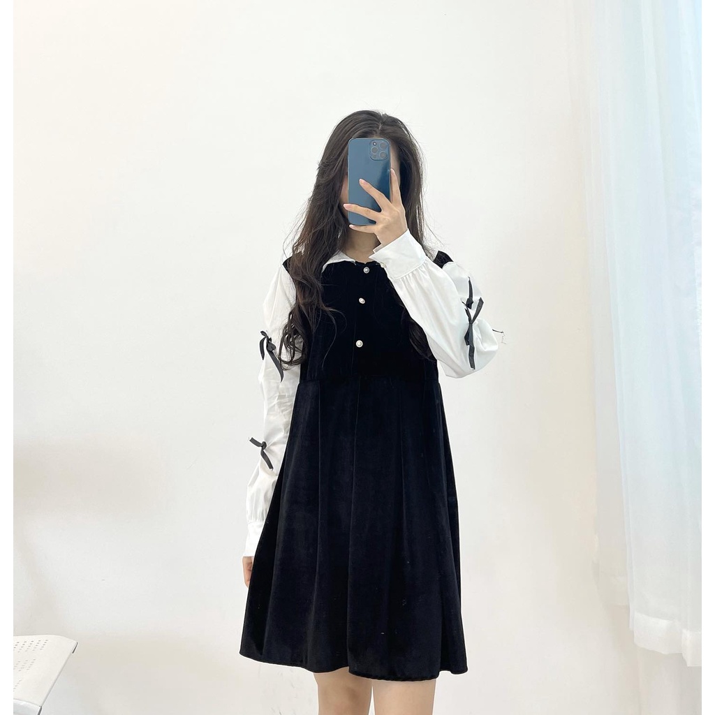 (FREESHIP) Đầm babydoll nhung tay voan nơ Miho house