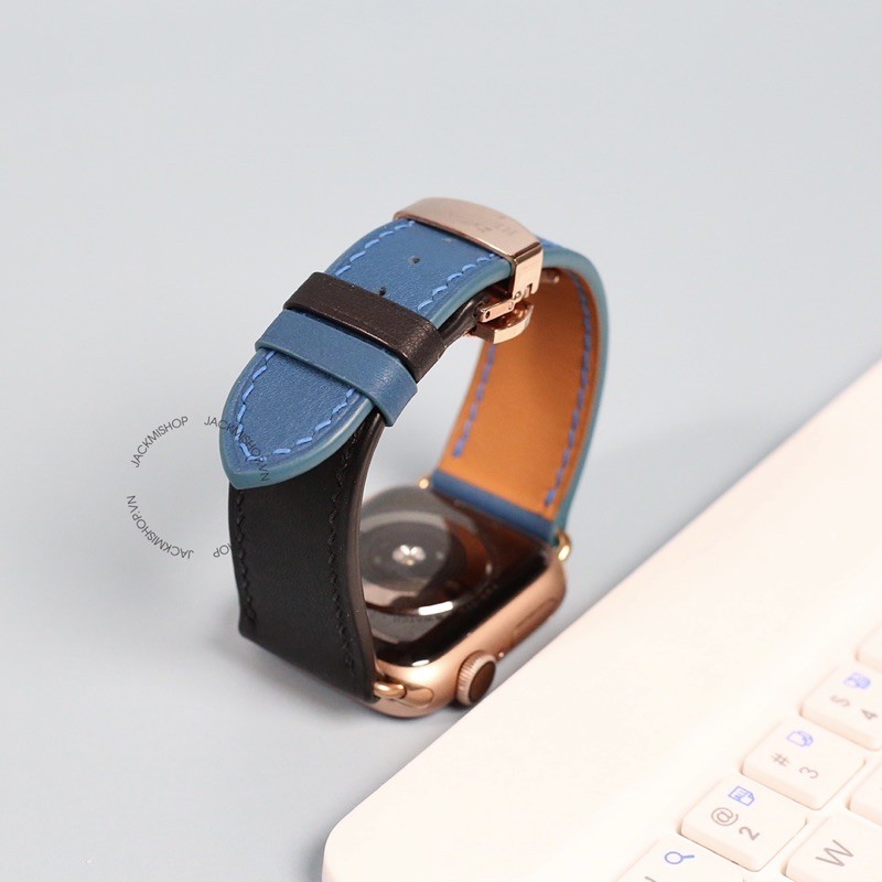 [BẢO HÀNH 1 NĂM] Dây Da BÊ SWIFT may tay thủ công màu Đen/Xanh Navy khóa Bướm cho Apple Watch series 1/2/3/4/5/6/7