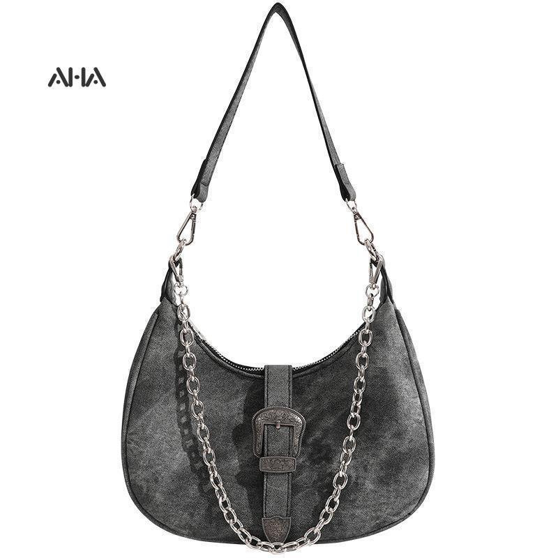 Túi xách AHA OFFICIAL đeo vai vải canvas phối dây da và sợi xích thời trang dành cho nữ