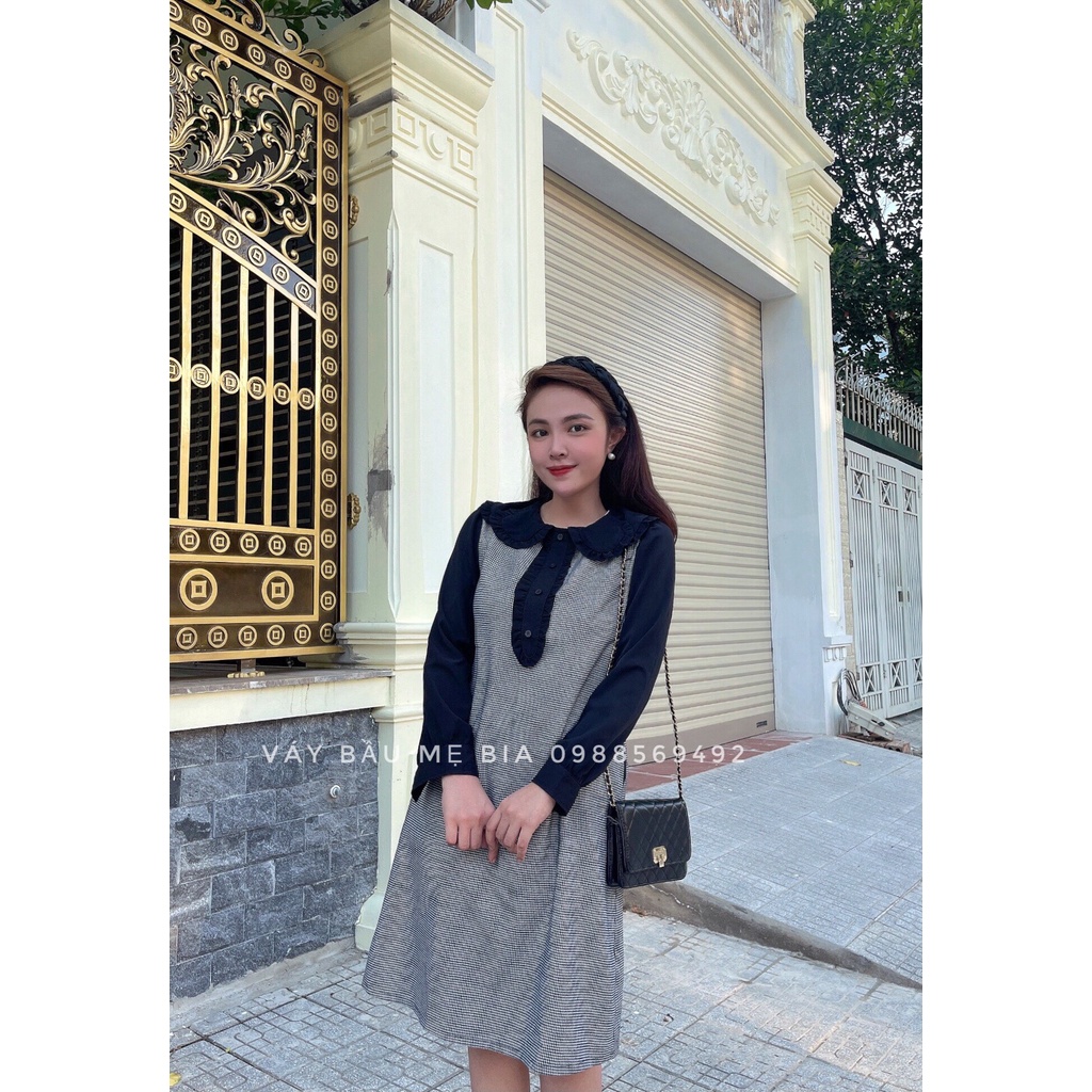 Váy Bầu Thu Đông - Đầm Bầu GUME CARO TAY ĐEN CÚC NGỰC MB177