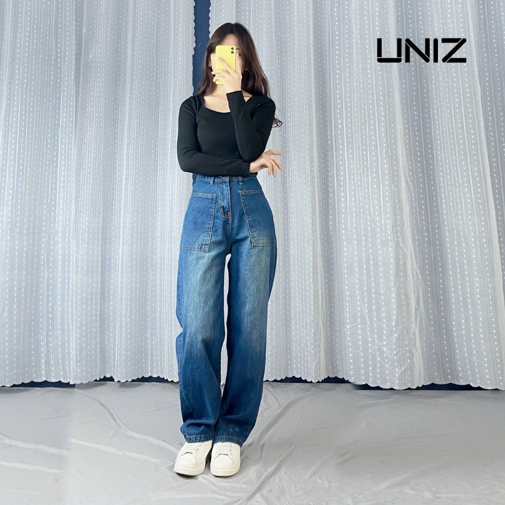 Quần jean suông ống rộng 2 túi trước dáng dài , vải jean cao cấp UNIZ - Quanjeansuong2tuitruoc254/P1K1