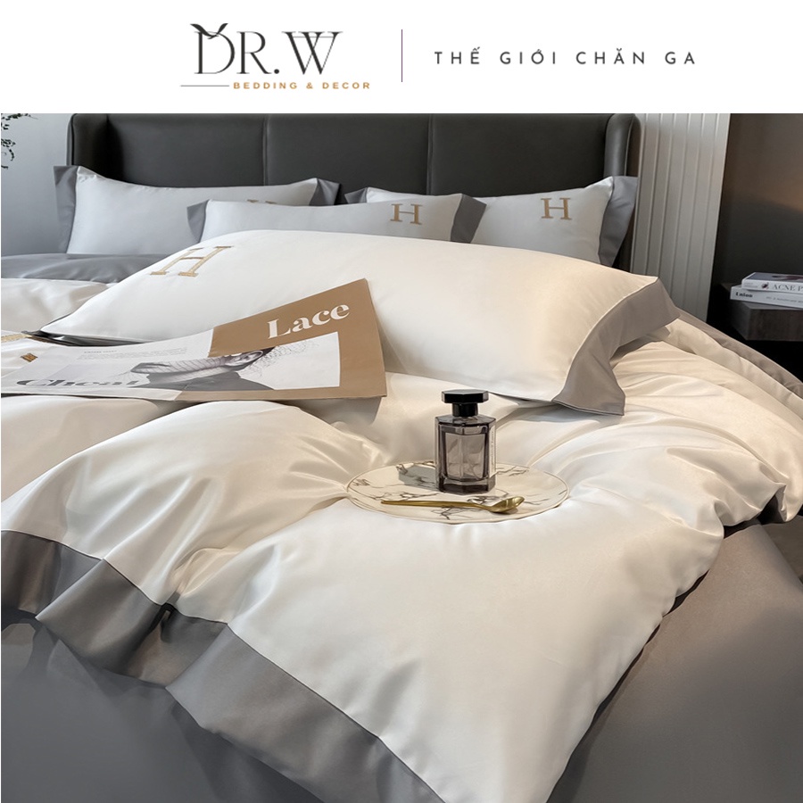 Bộ chăn ga gối nệm 4 món lụa tencel mát mịn DR.W set ga giường vỏ gối màu phối sang trọng cao cấp - Thế Giới Chăn Ga