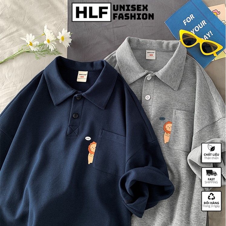 Áo thun polo cổ trụ unisex có túi hình sư tử, áo thun có cổ HLFashion | BigBuy360 - bigbuy360.vn