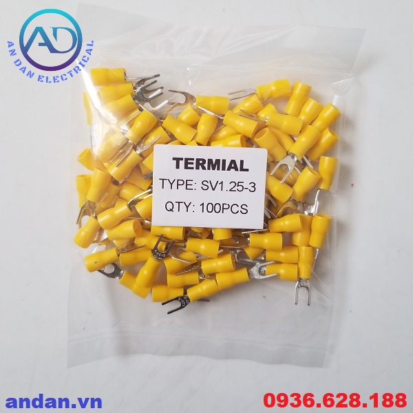 Đầu cốt chữ Y bọc nhựa SV1.25-3, SV1.25-4, SV2-4, SV3.5-5, SV5.5-5 cosse chẻ phủ nhựa, cốt chỉa càng cua – túi 100 cái