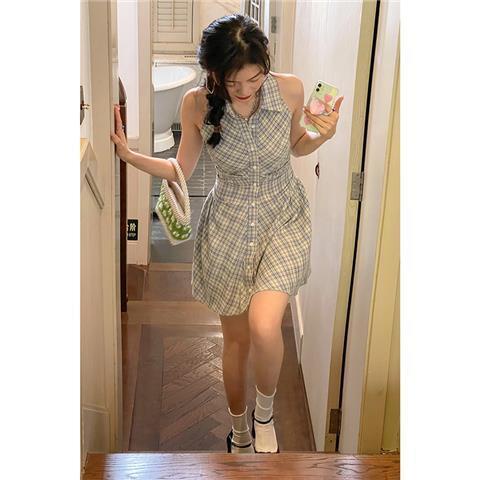 Đầm Sơ Mi Sát Nách Cổ Chữ V Họa Tiết Sọc Caro Thời Trang Mùa Hè Mới