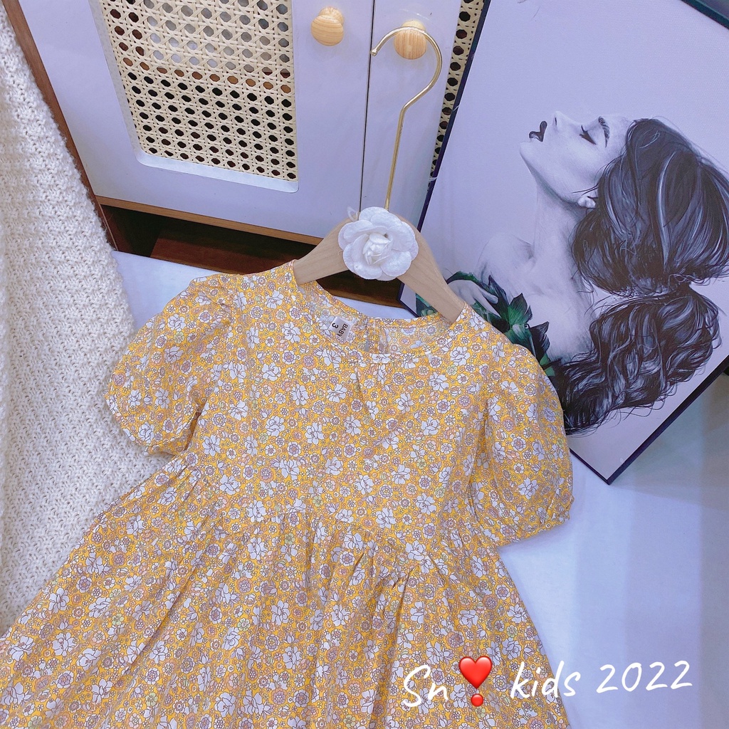 Váy hoa nhí tay bồng bé gái, váy hoa nhí thô bồng bềnh thân váy cách điệu cho bé