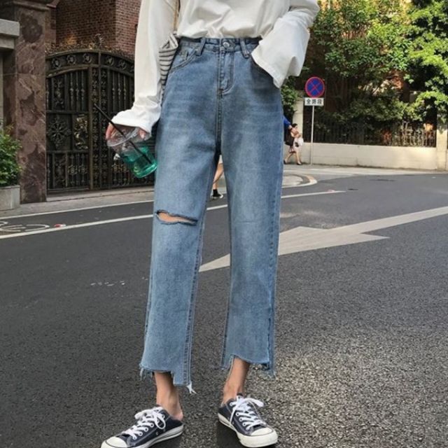[SẴN]Quần jeans ống rộng rách lưng cao Ulzzang Quảng Châu QDJ71