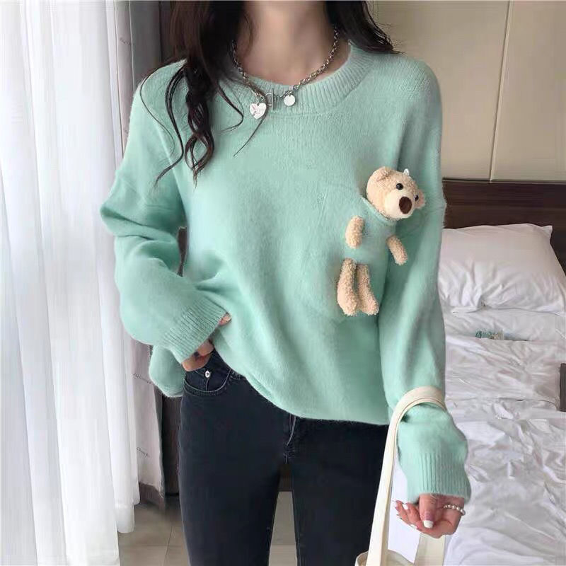 Áo Sweater Dệt Kim Chui Đầu Dáng Rộng Phối Túi In Hình Gấu Kiểu Hàn Quốc Thời Trang Mùa Thu 2020 Cho Nữ