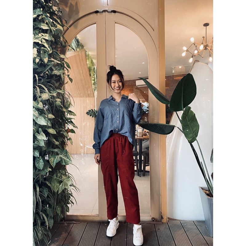 Quần nhung mỏng đỏ đun baggy