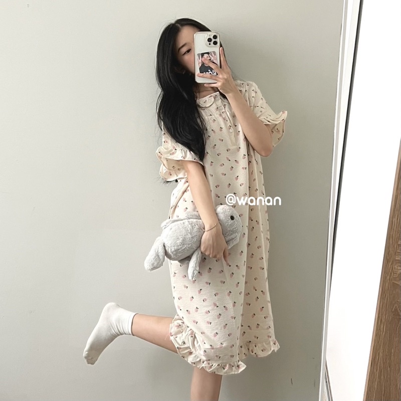 Đầm Ngủ Cổ Bèo Tiểu Thư, Chất Đũi Xốp Mỏng Nhẹ, Freesize 60kg - WANAN
