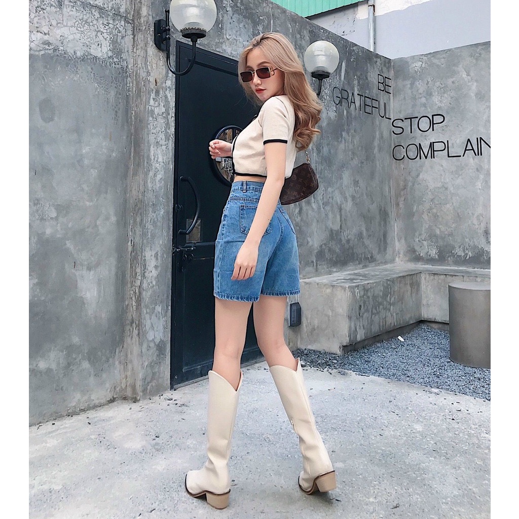 Quần Sọt Jeans Ngố Lửng Ống Rộng Nữ Chất Bò Lưng Cao ULZZANG
