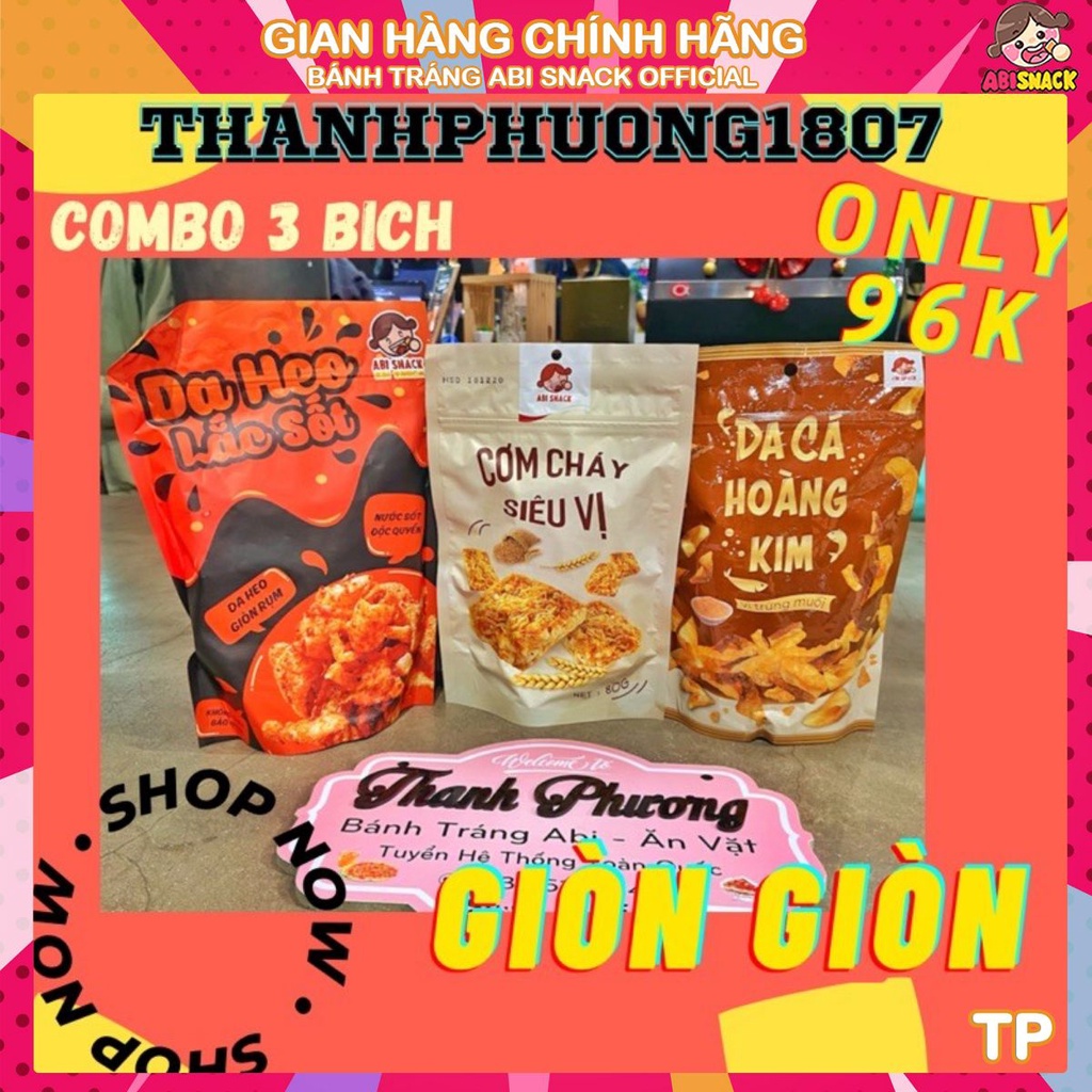 COMBO 3 BỊCH GIÒN GIÒN bánh tráng ABI 1 da heo lắc sốt 1 cơm cháy siêu vị 1 da cá túi zip thực phẩm và đồ uố