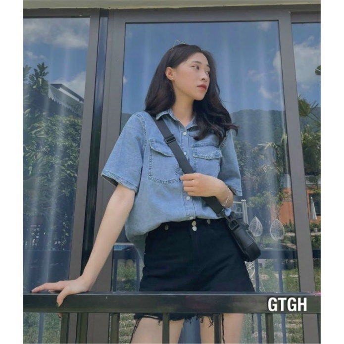 Áo Jeans bò trơn nắp túi cộc tay