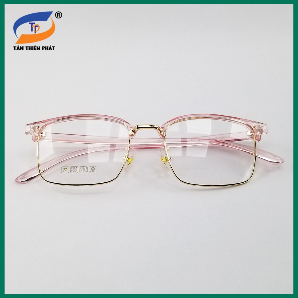 Gọng kính nam nữ mắt cận chữ nhật kim loại/nhựa 6205 màu đen, hồng. Tròng kính giả cận 0 độ chống ánh sáng xanh, tia UV