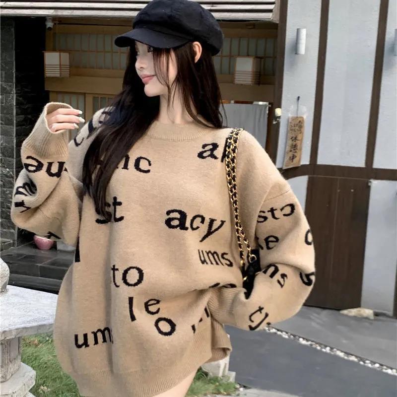 Áo len dài tay in họa tiết chữ thời trang nữ tính có size lớn
