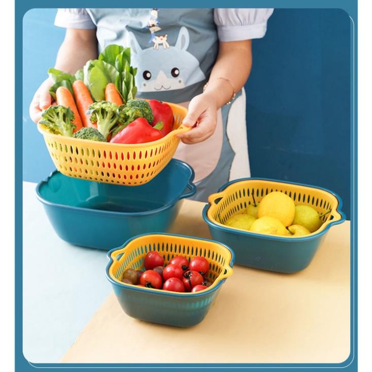 Set 3 Rổ Rửa Rau Củ, Trái Cây KIÊM CHẬU S6 HAI LỚP - Rổ Để Thực Phẩm Ăn Lẩu Khô Ráo Có Lỗ Treo - Nhiều Size