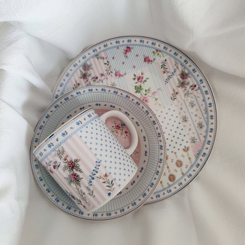 Set bát tách đĩa gốm hoạ tiết hoa vintage mix ô