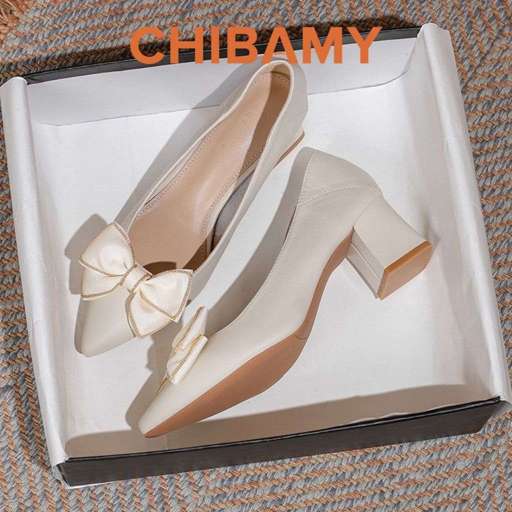 Giày cao gót nữ đính nơ 7cm CHIBAMY, giày nữ công sở mũi nhọn chất da mềm mã CG02