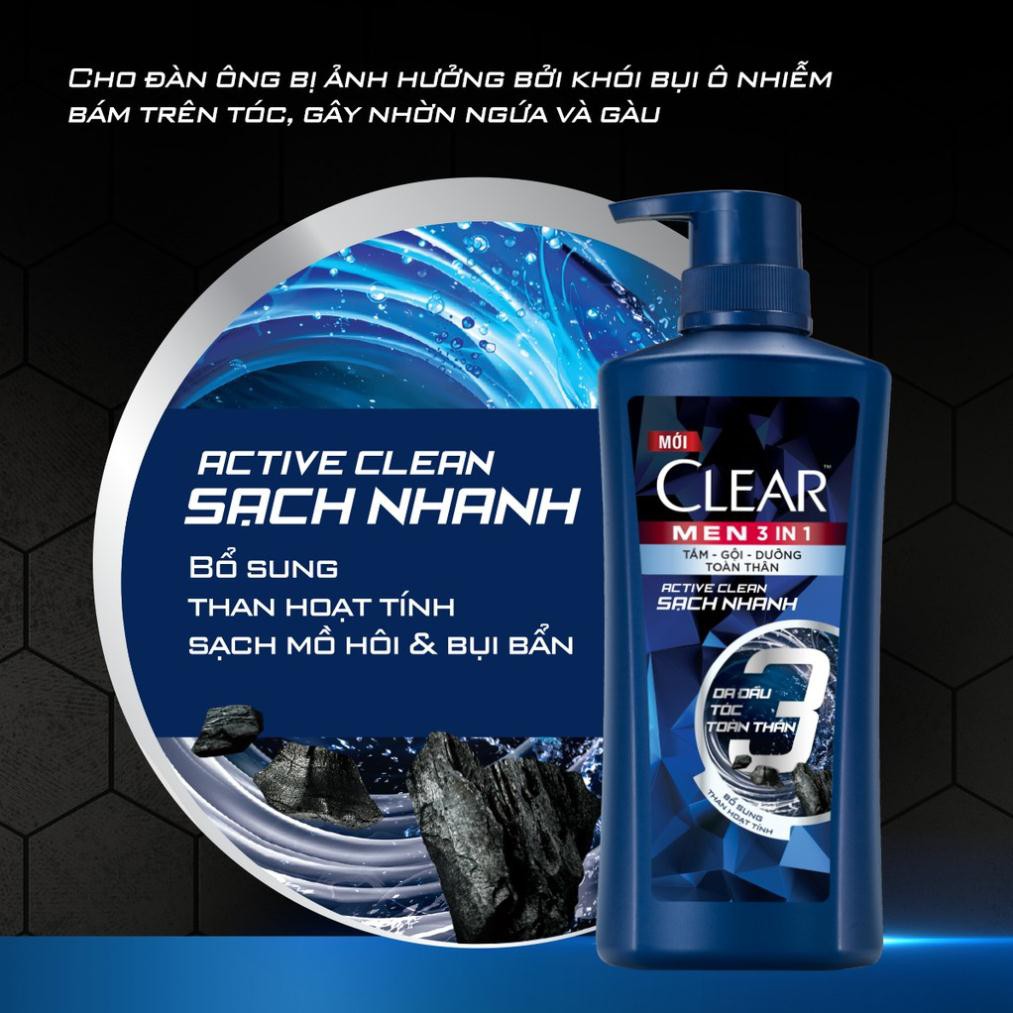 Dầu tắm gội Clear Men 3 trong 1 loại 630gr: Tắm + Gội + Dưỡng