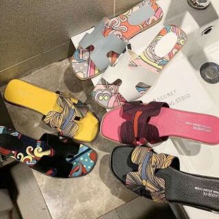 (XẢ HÀNG SZ 39,40) Dép quai ngang chữ H in họa tiết sang chảnh