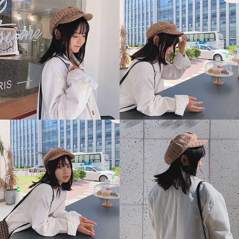 Nón beret họa tiết ca rô phong cách retro dễ phối đồ