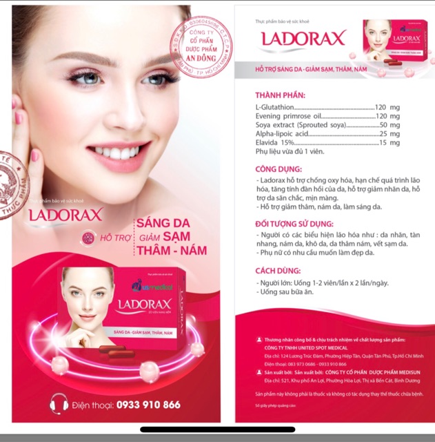 Viên uống Ladorax - Sáng da, giảm sạm, thâm, nám - 20 viên