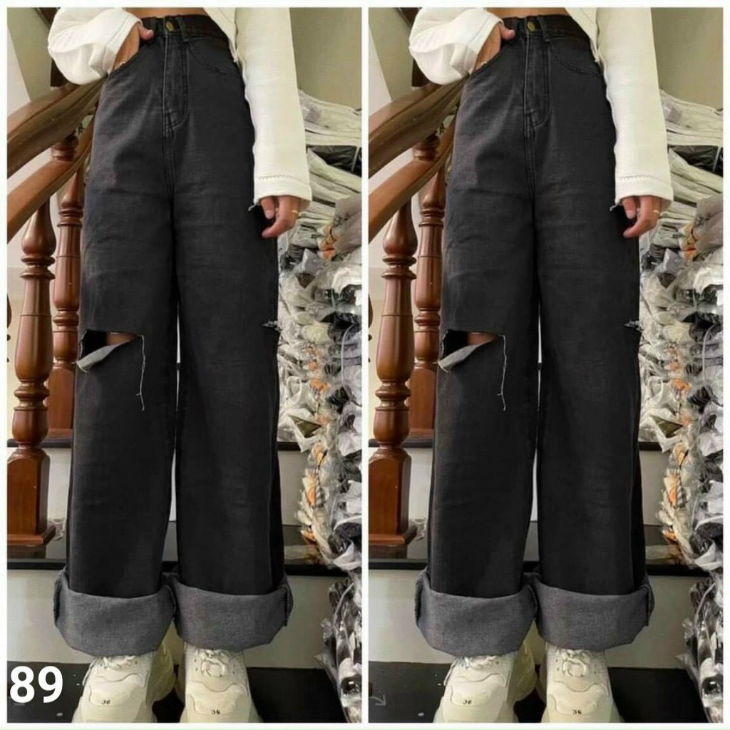 QUẦN JEAN ỐNG RỘNG NỮ LƯNG CAO MÀU XÁM ĐEN L TO ĐÙI PHẢI CAO CẤP UTI ĐỦ SIZE S, M, K FORM DÀI RỘNG LAI CUỐN