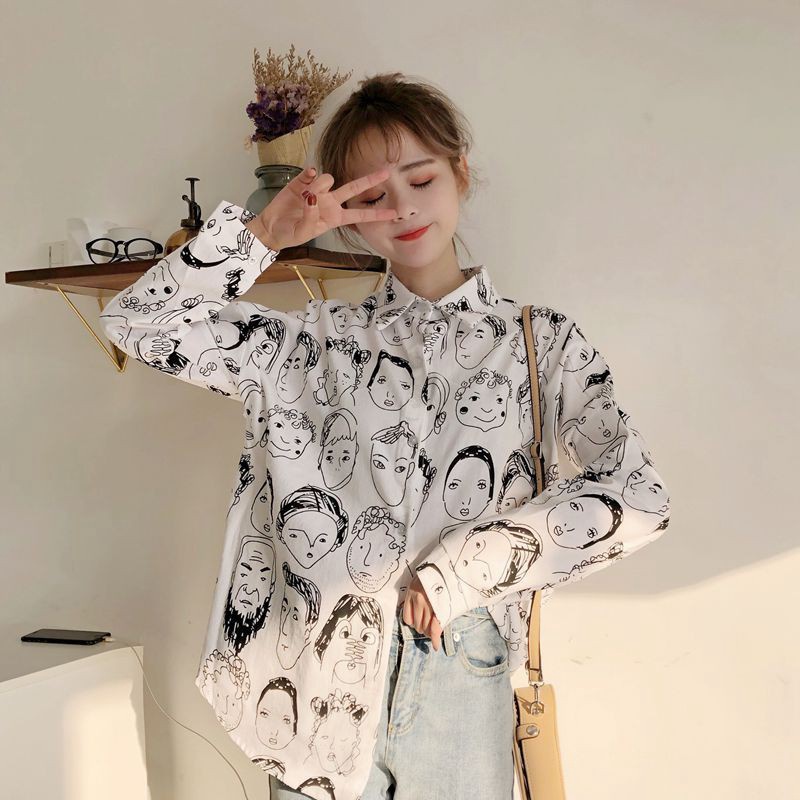 Áo sơ mi tay dài chất Cotton hoạ tiết in thiết kế dáng rộng thoải mái