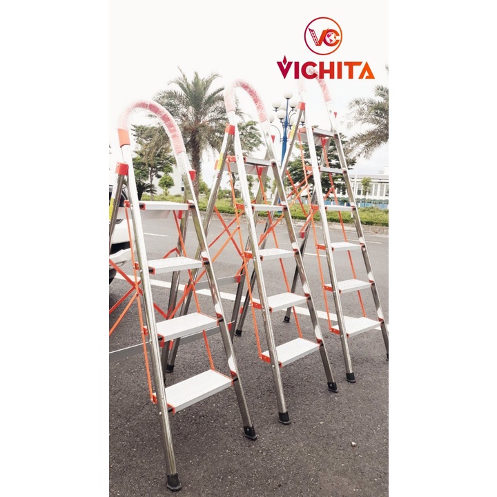 Thang Nhôm Rút Chữ A VICHITA - 3M8 - 4M4 - 5M - 5M6 - 6M6 - Có Bánh Xe, Thanh Giằng Chống Rung Cao Cấp