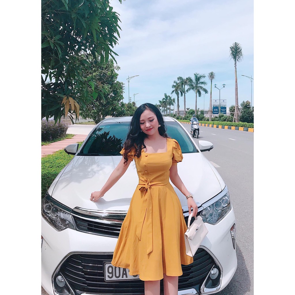 Đầm Xòe Nơ Cổ Vuông Tay Phồng Chất Kate Lụa