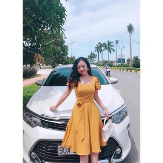 Đầm xòe nơ cổ vuông tay phồng chất kate lụa