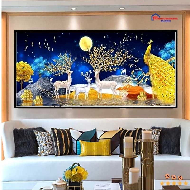 Tranh đính đá, tranh thêu chữ thập phong cảnh hiện đại hươu nai tài lộc