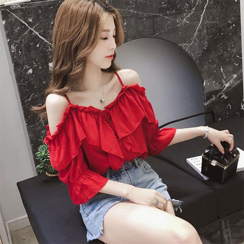 Áo Trễ Vai Tay Ngắn Phối Bèo Phong Cách Hàn Quốc Cho Nữ