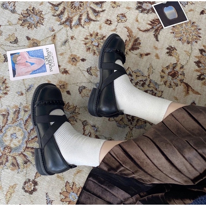 Giày búp bê có quai chun phối bèo vintage Mary Jane dễ thương ulzzang Hàn Quốc Yannie Lolita