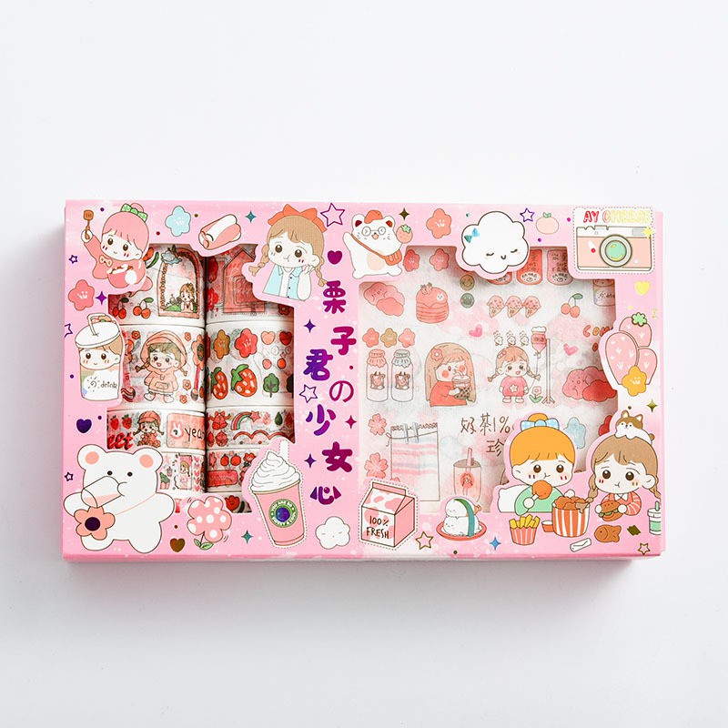 Hộp sticker cute washi tape dán sổ tay decor set 10 cuộn băng dính 10 hình dán sicker